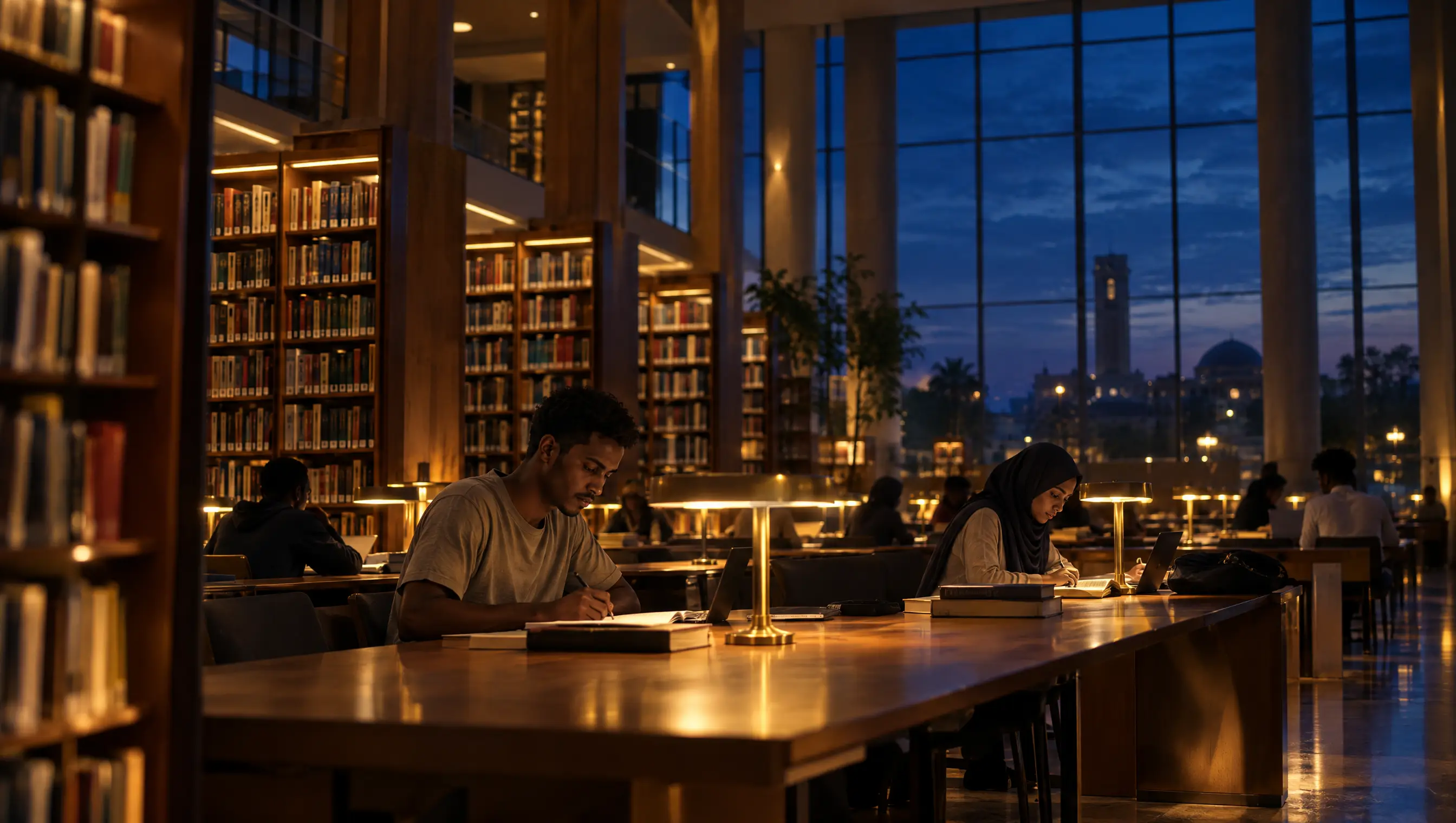 صورة تعبيرية لمكتبة أكاديمية بأرفف كتب وطلاب يطالعون