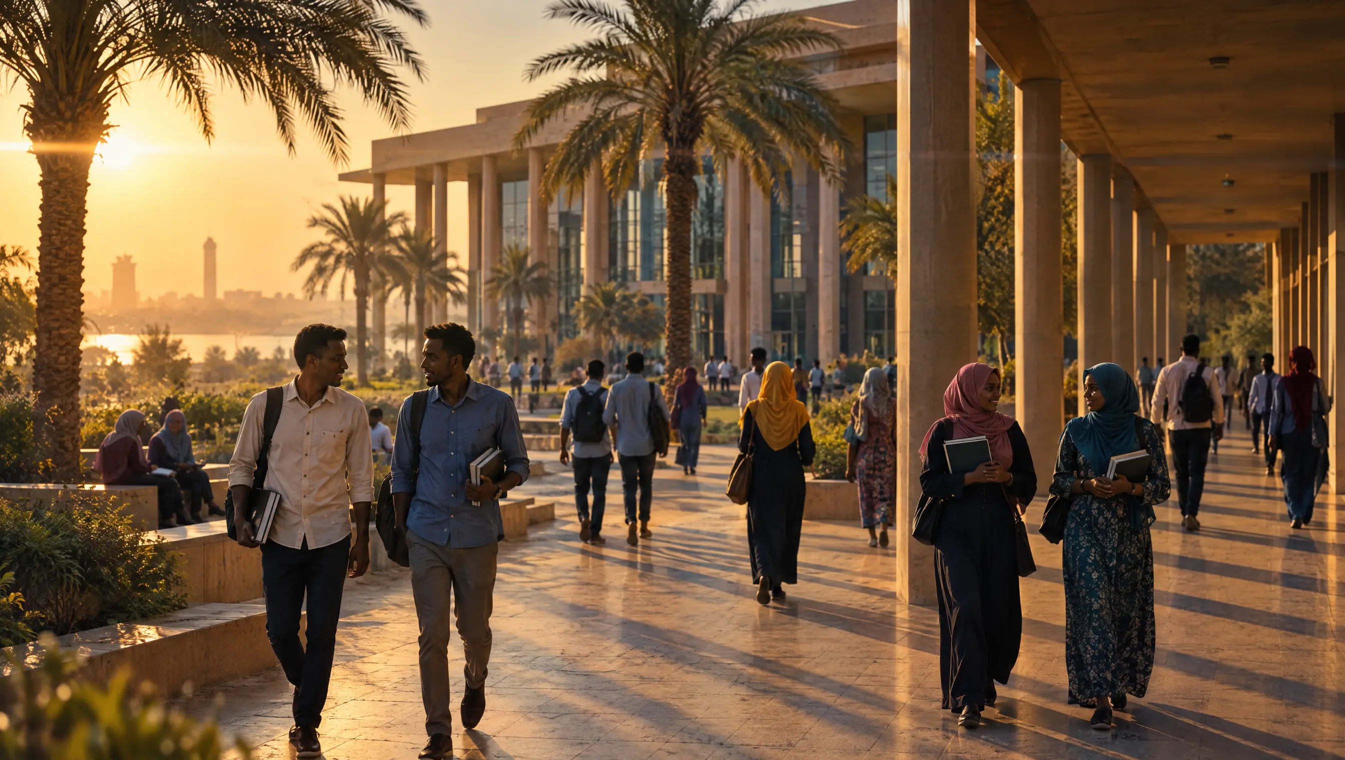 صورة تعبيرية لأروقة جامعية واسعة وطلاب في طريقهم إلى المحاضرات